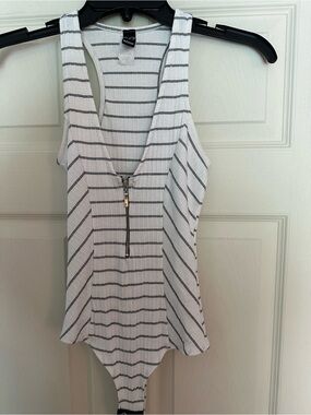 Windsor White Striped Ribbed V-Neck Bodysuit with Front Zip